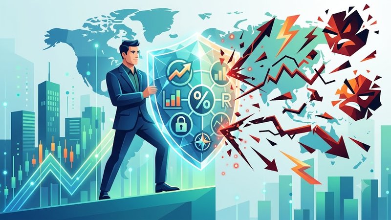 Иллюстрация трейдера с защитным щитом, символизирующим риск-менеджмент и борьбу с тильтом на Форекс